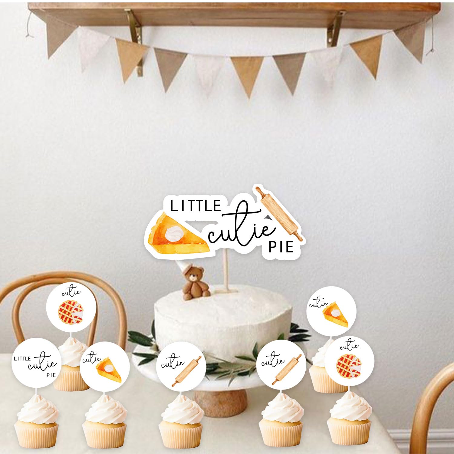 Cutie Pie Cake Topper Set - Little Cutie Pie Cake Topper with 12Pcs Pie Double-sided Cupcake Toppers, Cutie Pie Baby Shower Decorations, Pie First Birthday Decor, Baking Party Supplies for Boys Girls