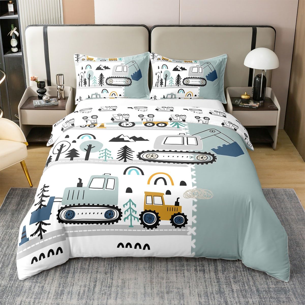 Erosebridal Pure Cotton Construction Comforter Duvet Cover,Cartoon Excavator Vehicle Bedding Queen,Reversible Tractor Bedding Toddler Bedding Boys Comfy Cozy Room Decor,Teal