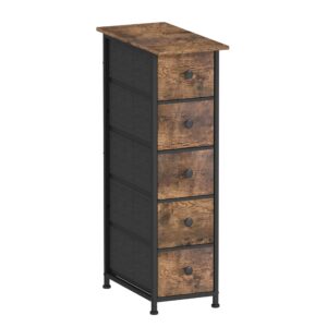 GiftGo Narrow Dresser Vertical Slim Dresser Chest of Drawers Skinny Storage Tower for Small Spaces Gaps Closet Bedroom Bathroom Small Fabric Drawer Unit (Rustic Brown, 5 Drawers)