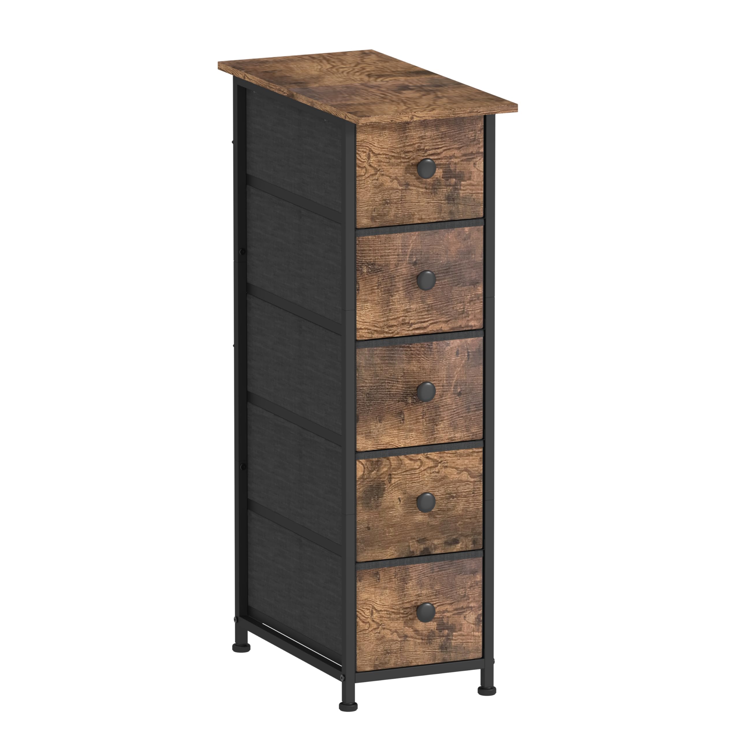 GiftGo Narrow Dresser Vertical Slim Dresser Chest of Drawers Skinny Storage Tower for Small Spaces Gaps Closet Bedroom Bathroom Small Fabric Drawer Unit (Rustic Brown, 5 Drawers)