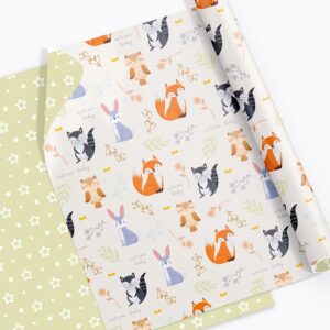 tyzarglef reversible baby shower wrapping paper - mini roll for baby boys girls - 17 inch x 33 feet - woodland animals & welcome baby design for baby shower, birthday party, holiday