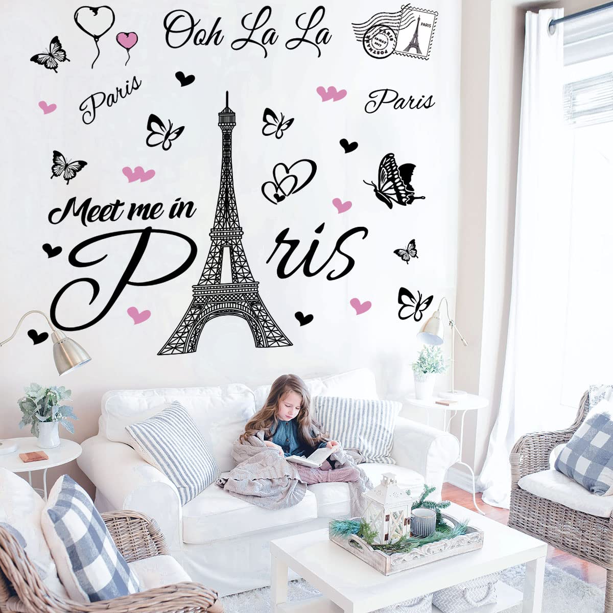 Paris Tower Wall Decal Paris Eiffel Tower Wall Sticker Vinyl Eiffel Tower Peel and Stick Wall Decals Removable Self-Adhesive Stickers Paris Tower Wall Decor for Bedroom Kitchen Office Background Livin