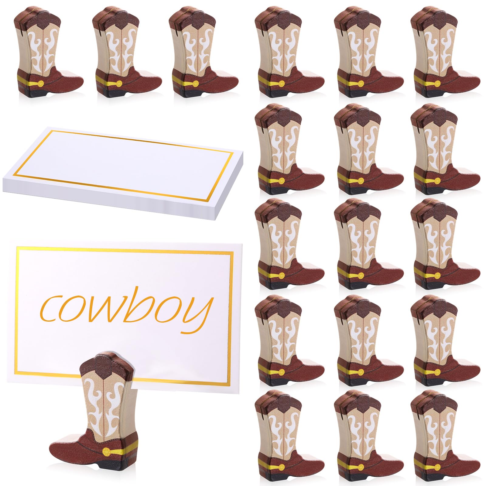 Kigley 18 Pcs Cowboy Boots Wooden Ornaments Place Card Holder and 25 Pcs Gold Foil White Card Cowboy Boots Wooden Table Sign Picture Number Sign Stands Holder for Wedding Party Events (Brown)