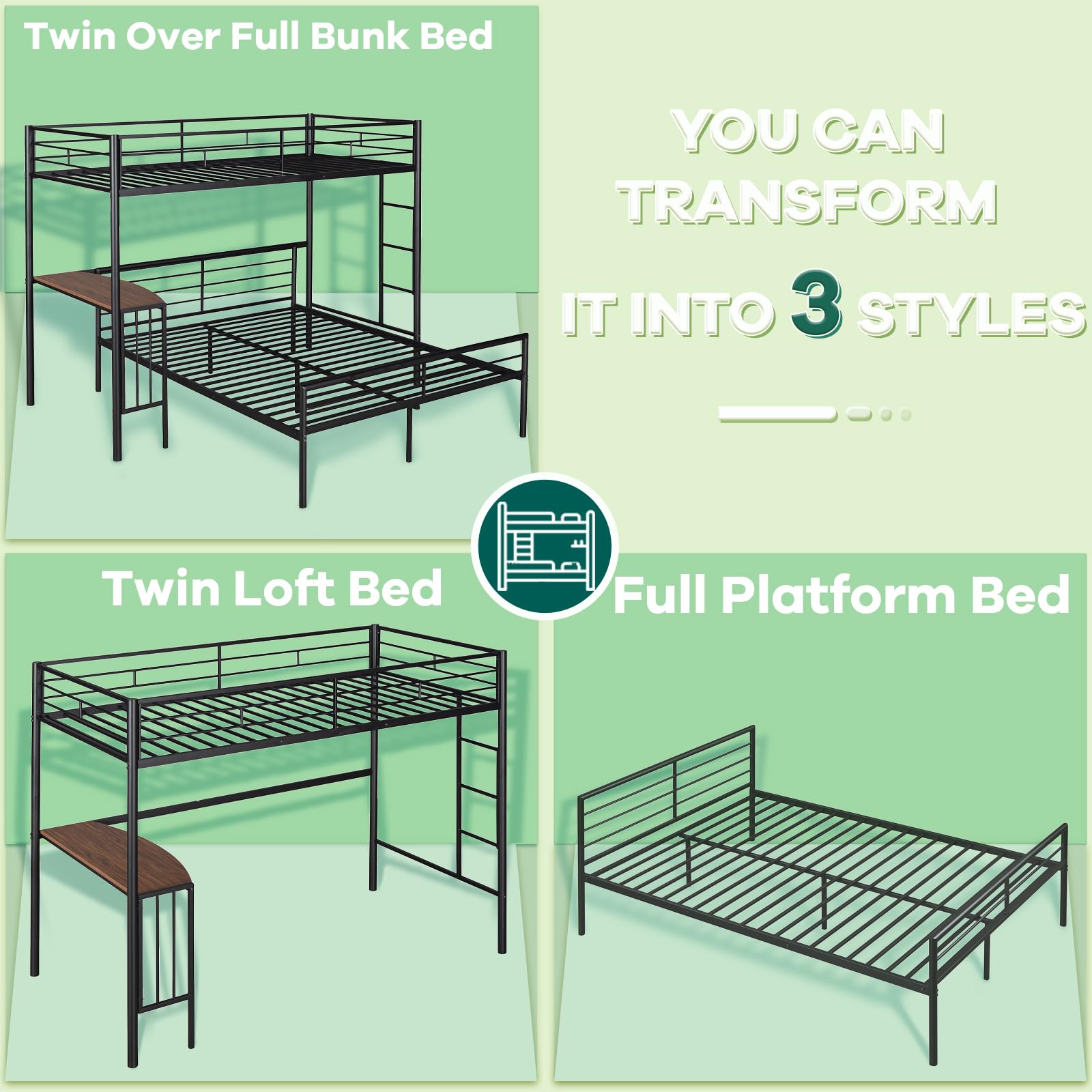 Metal Twin Over Full Bunk Bed Frame with Desk, Loft Platform Mattress Foundation with Steel Slat Support Storage Space