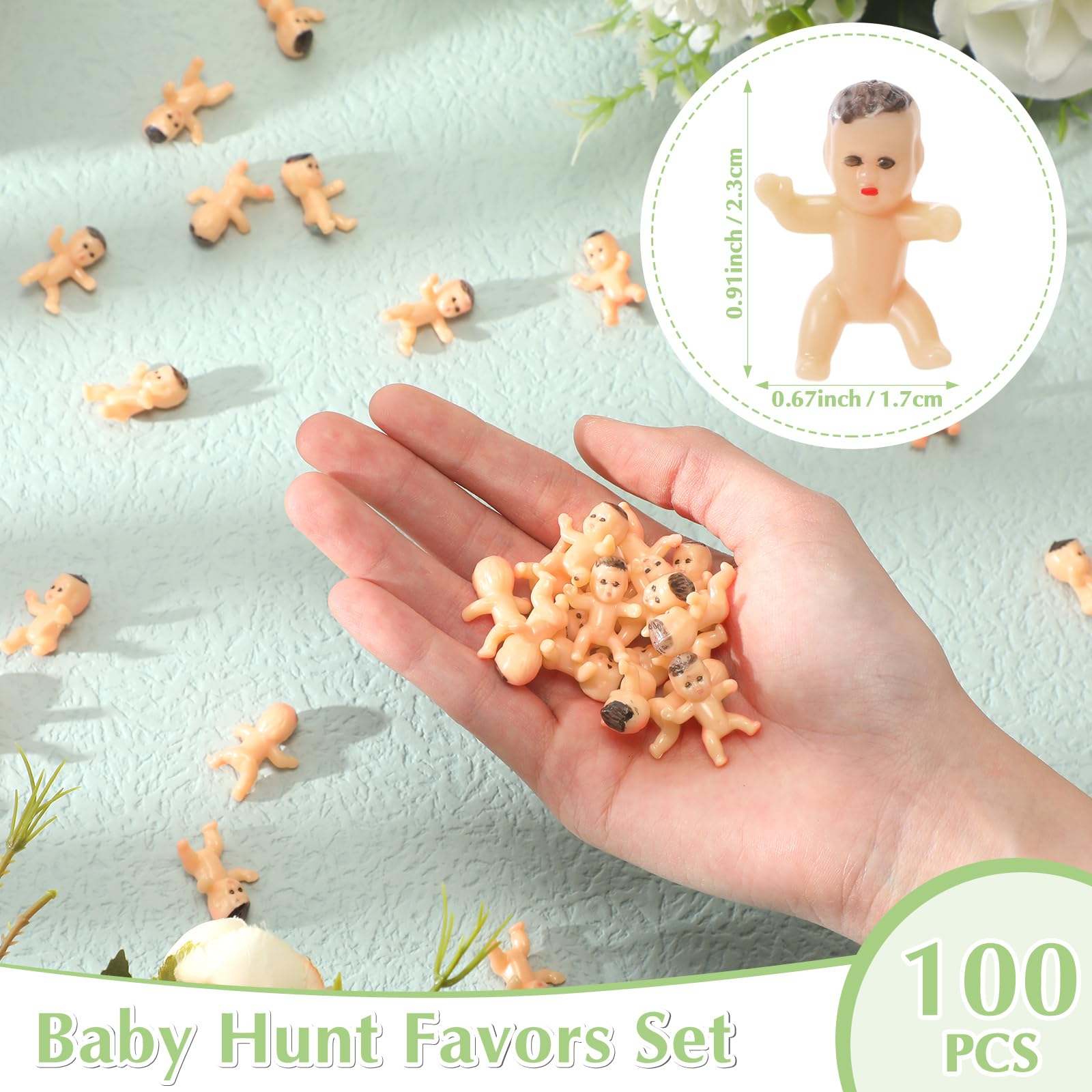 Gemscream 101 Pcs Baby Shower Games Include Paperboard Baby Hunt Sign 100 Mini Plastic Babies Tabletop Sign Tiny Babies Funny Baby Shower Prizes for Gender Reveal Party Favors (Green,Greenery)