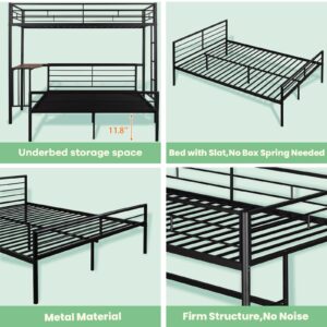 Metal Twin Over Full Bunk Bed Frame with Desk, Loft Platform Mattress Foundation with Steel Slat Support Storage Space