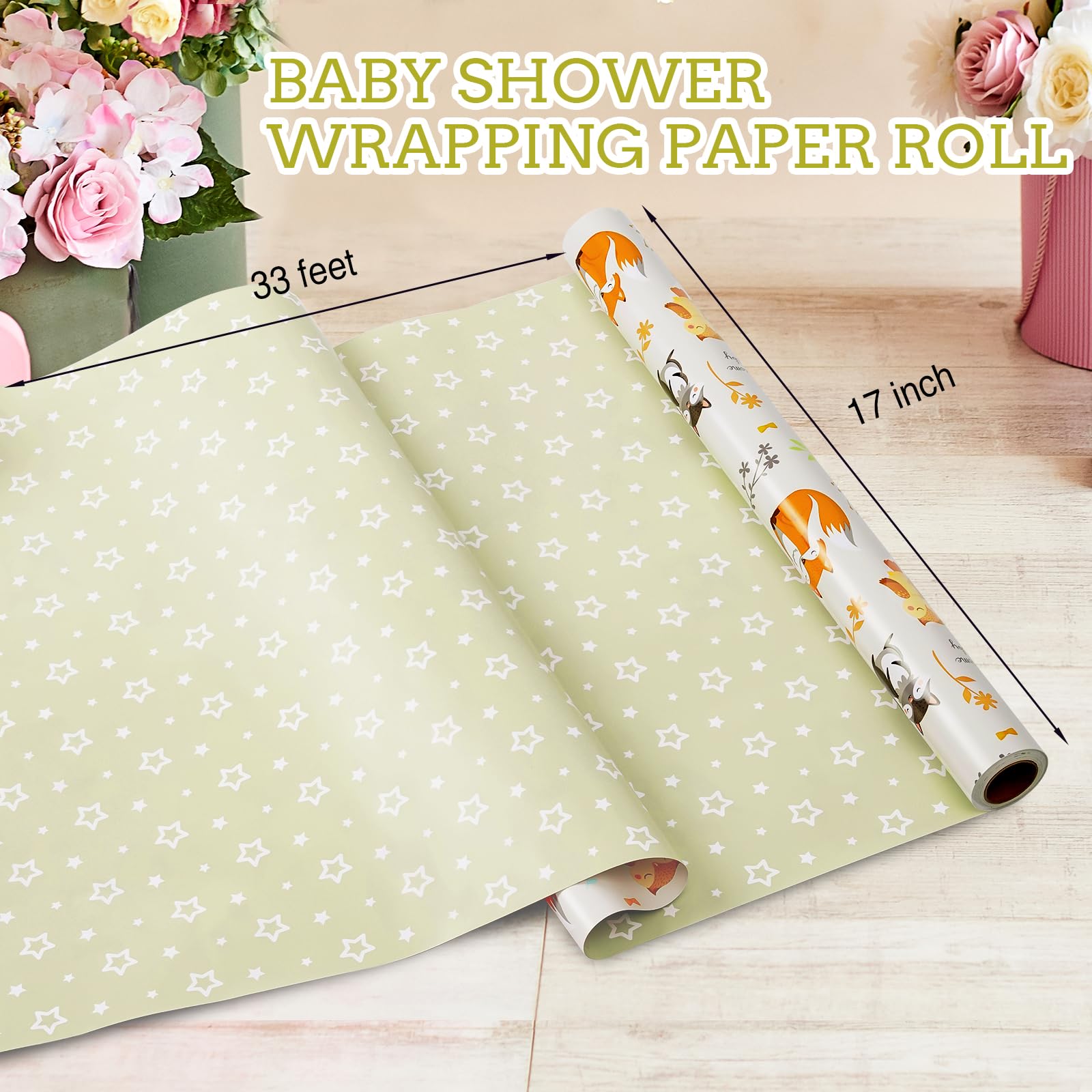 Tyzarglef Reversible Baby Shower Wrapping Paper - Mini Roll for Baby Boys Girls - 17 Inch X 33 Feet - Woodland Animals & Welcome Baby Design for Baby Shower, Birthday Party, Holiday