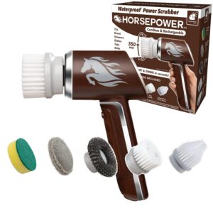 horsepower scrubber, waterproof, electric power, spins 350 rpm, 5 brush heads, as-seen-on-tv, cleans dirt & grime, tile, grout, bathrooms, kitchen, auto rims, outdoor furniture & more, rechargeable