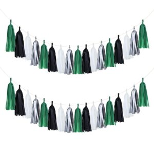 guzon 20 pack of black green silver party decorations tassel garland banner white tissue paper tassels for soccer party supplies graduation backdrop men boys birthday jungle theme banner