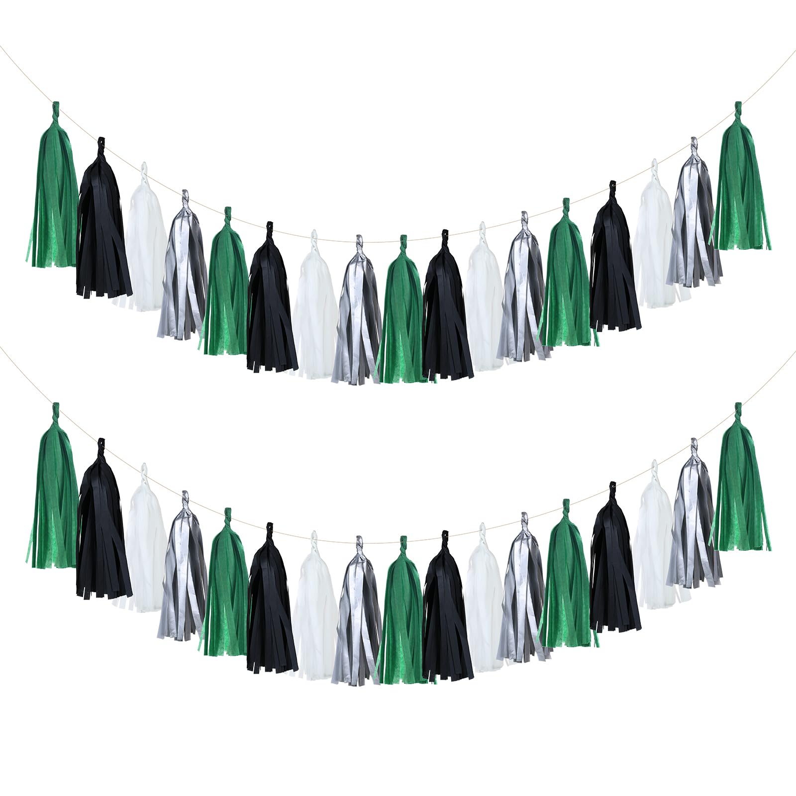 Guzon 20 Pack of Black Green Silver Party Decorations Tassel Garland Banner White Tissue Paper Tassels for Soccer Party Supplies Graduation Backdrop Men Boys Birthday Jungle Theme Banner