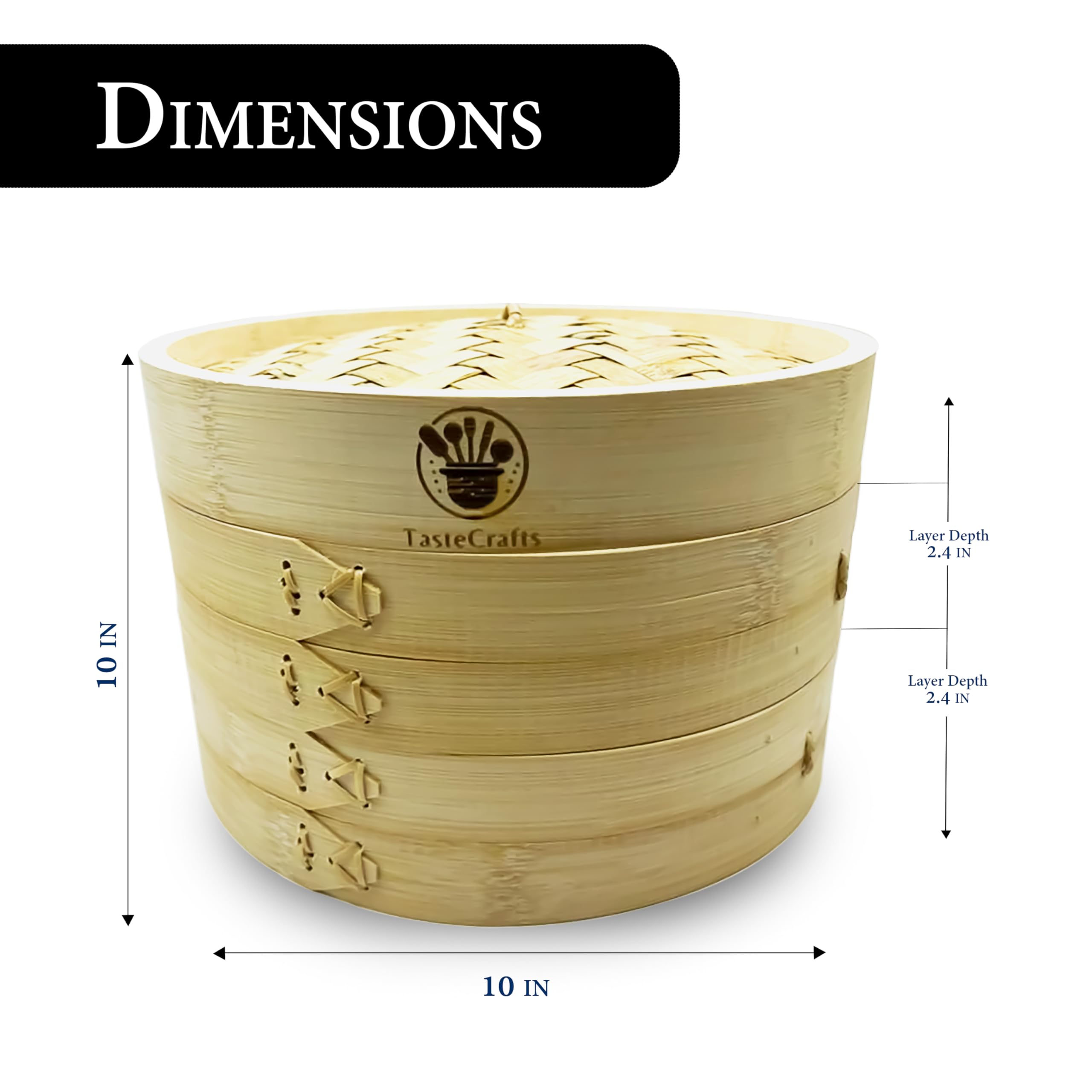 TASTECRAFTS Bamboo Steamer Basket 10-Inch, 2-Tier Design with Complimentary Chopsticks, Steamer Liners and Ceramic Dish for Sauce, Dumpling Steamer, Vegetable Steamer, Rice Steamer.