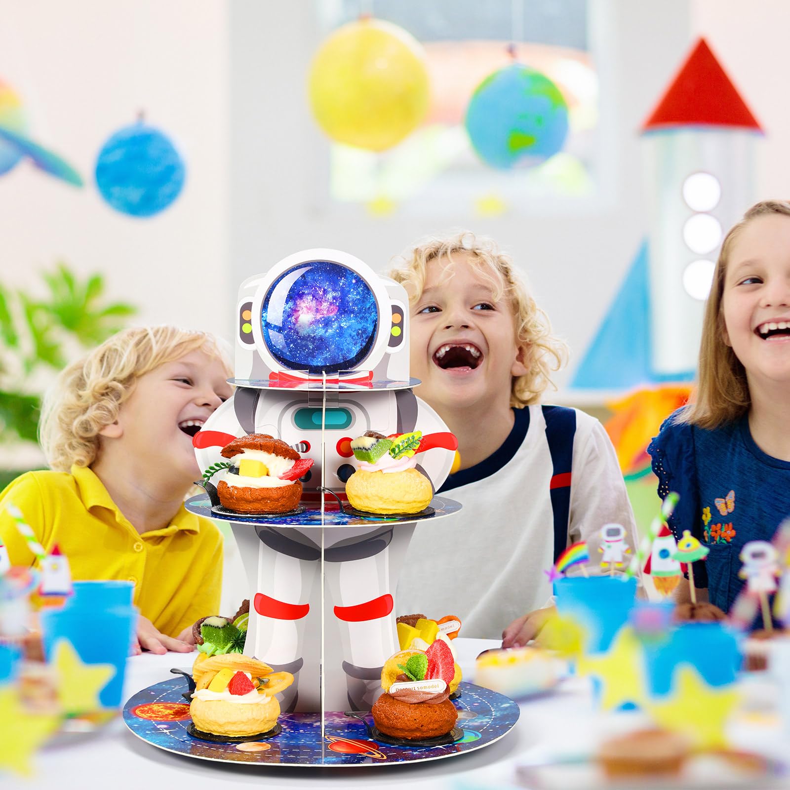 Zopeal Space Astronaut Cupcake Stand Space Themed Birthday Party Decorations 3 Tier Planet Cupcake Holder Cake Stand Decorations Galaxy Spaceman Dessert Tower for Space Shower Party Supplies