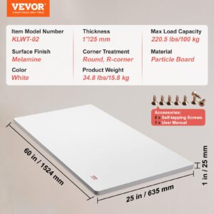 VEVOR One-Piece Particle Board Desktop Universal Tabletop, 60" x 25" x 1", White