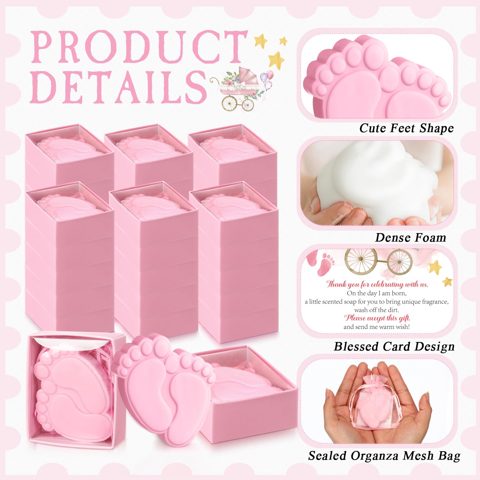 Maxcheck 50 Sets Baby Shower Feet Soaps Bulk Baby Shower Favors for Guests Handmade Scented Soap with Organza Bags Thank You Cards for Girl Boy Baby Shower Gifts Souvenirs Decorations(Pink)