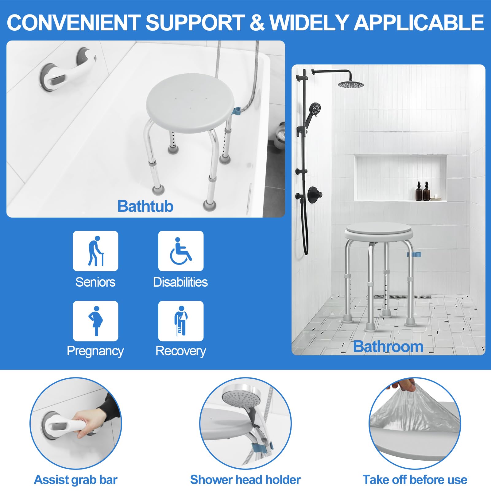 UGarden Upgraded Heavy Duty Stainless Steel Small Shower Chair for Inside Shower, Safety Anti-Slip 370lbs Shower Stool for Inside Bathtub, Gray Round Shower Stool w/Grab Bar, Bath Seats for Elderly