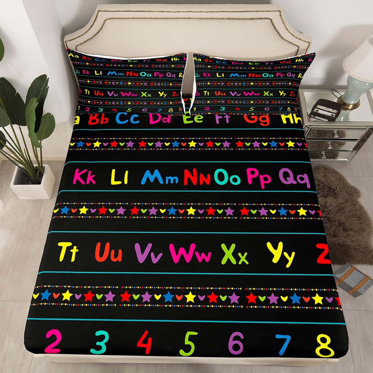 ABC Alphabet Bed Sheet Set Twin, Alphabet Numbers Fitted Sheet for Kids Educational Learning Bedding Set Learning Time Bed Cover with 1 Pillow Case (No Flat Sheet)