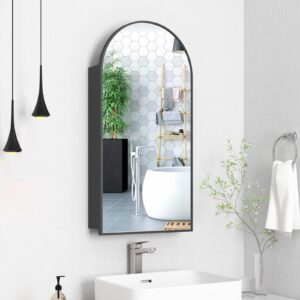 black arched medicine cabinet with mirror, bathroom medicine cabinet organizer, mirrored medicine cabinet surface wall mount, bath vanity mirror with storage, 3 adjustable shelves, 16x31 inch