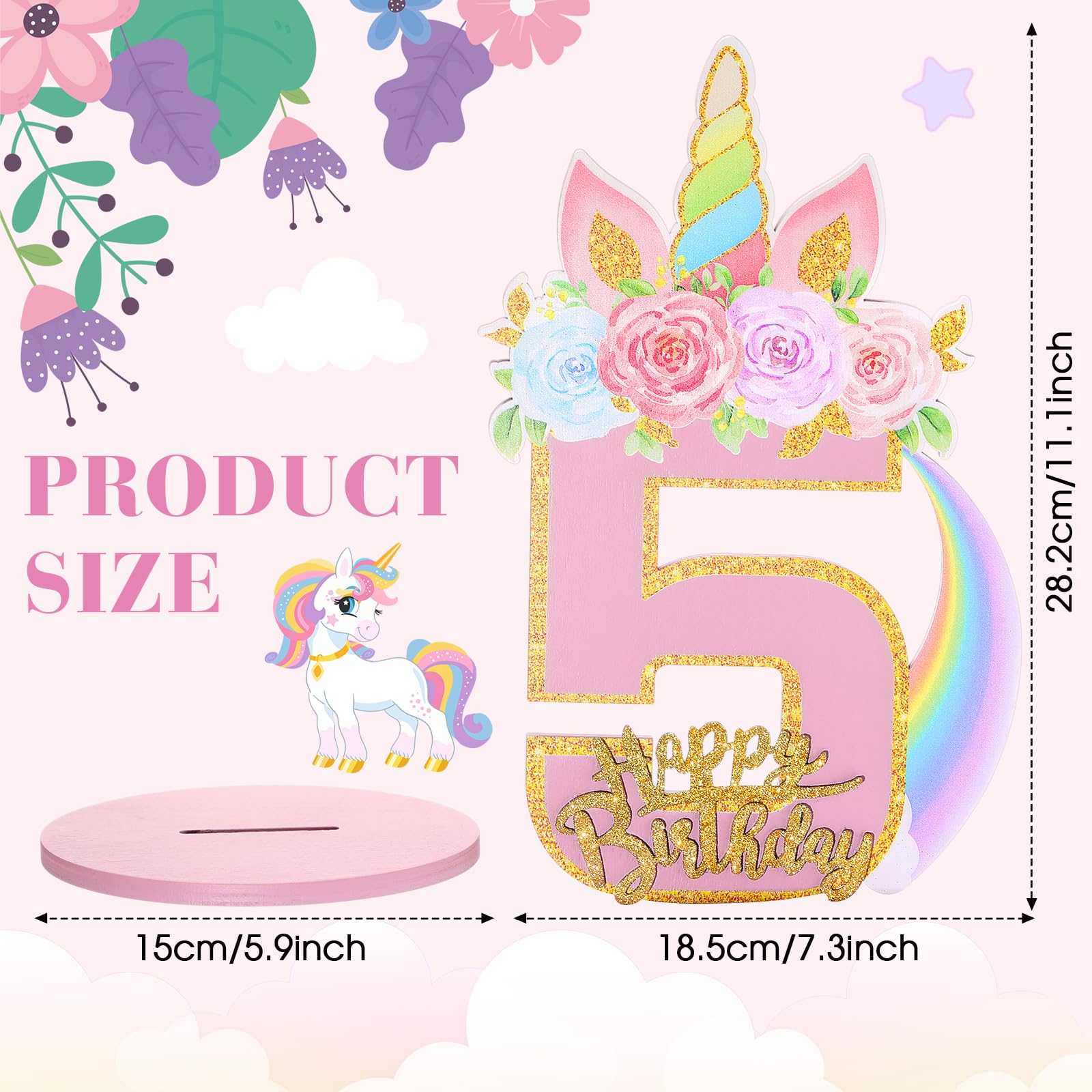 MiniInflat Unicorn 3/5/6th Birthday Number Sign Centerpiece for Girls 11.8 Inch Unicorn Number Wooden Table Decoration Unicorn Party Supplies for Kids Birthday Anniversary((Number 5)