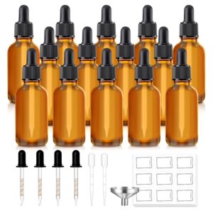 14 pack, 1 oz tincture bottles with dropper, amber glass dropper bottle leakproof with stainless steel funnel, pipettes & labels, 30 ml eye dropper bottles for essential oils serums hair body oils