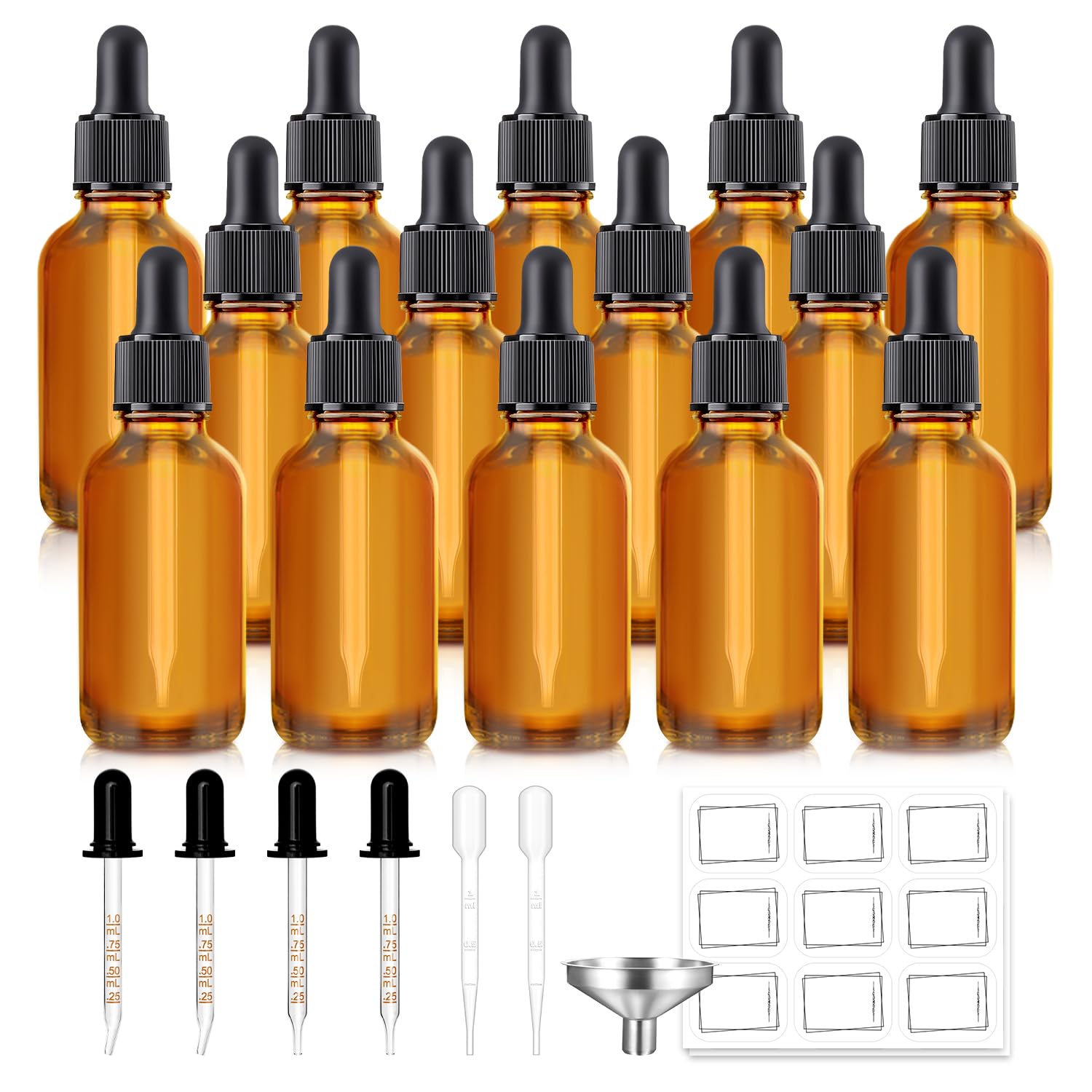 14 Pack, 1 oz Tincture Bottles with Dropper, Amber Glass Dropper Bottle Leakproof with Stainless Steel Funnel, Pipettes & Labels, 30 ml Eye Dropper Bottles For Essential Oils Serums Hair Body Oils