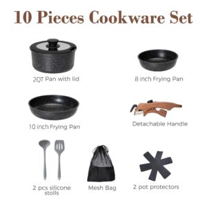 10 Pcs Pots and Pans Set Non Stick, Nonstick Kitchen Cookware Sets Detachable Handle, Induction Pots and Pans Set with Removable Handle, RV Cookware Set for Camping, Oven Safe, PFOS, PFOA Free, Black