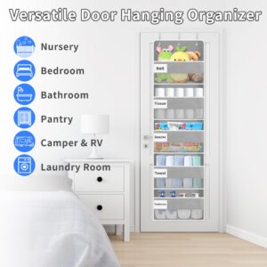 Over The Door Organizer Storage, 44lbs Weight Capacity Hanging Door Organizer, Behind Door Organizer with 5 Large Pockets 10 Mesh Side Pockets 5 PVC Pouches for Nursery Bathroom Bedroom Pantry