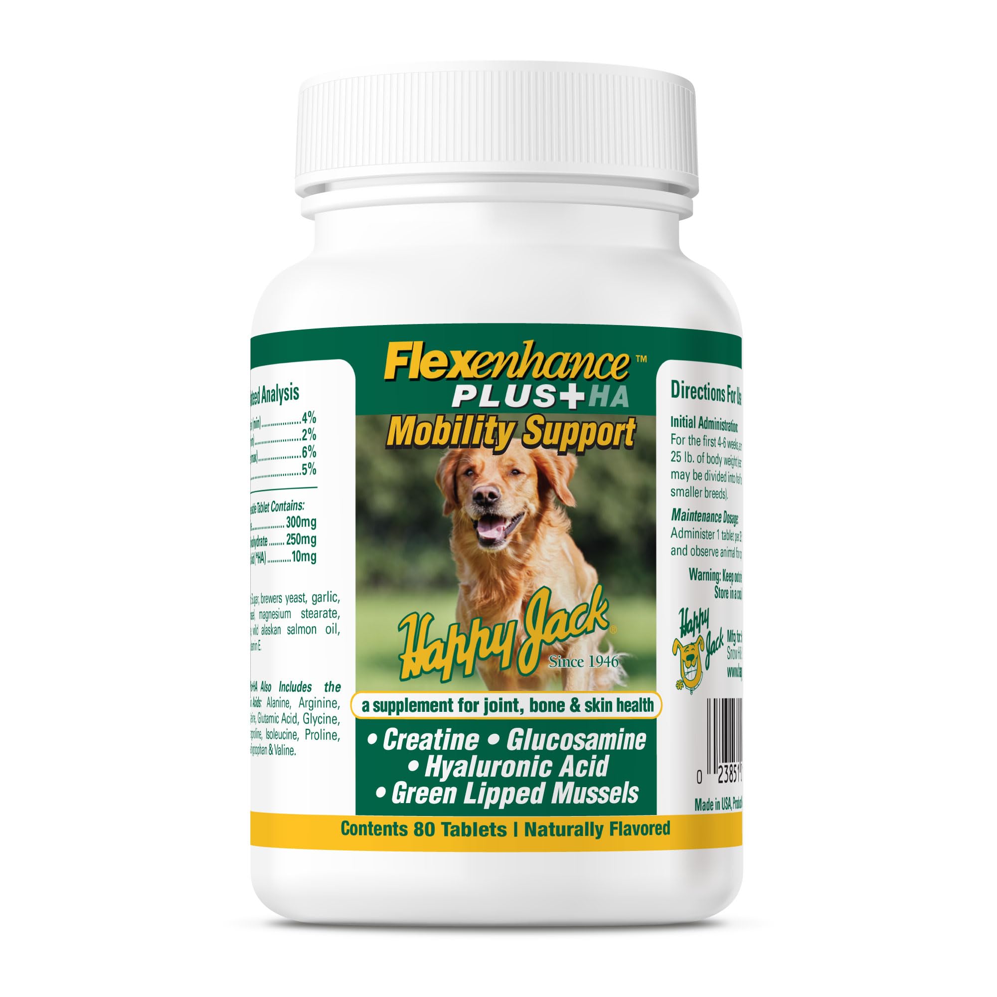 Happy Jack Flexenhance Dog Hip and Joint Supplement with Skin & Coat Support Plus (80 Chewable Tabs), Improve Flexibility & Mobility, Glucosamine, Green Lipped Mussel, Fish Oil