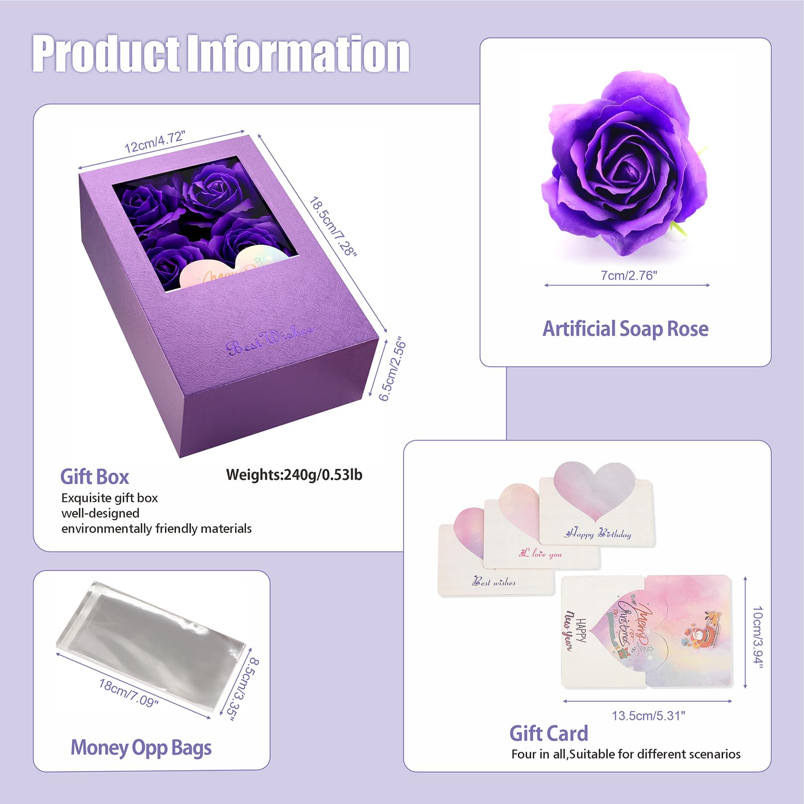 Money Box for Cash Gift Pull, Money Gift Boxes for Cash on Birthday, Christmas, Graduation, Mother's Day, for Husband, Wife, Girlfriend, Mother With Soap Rose Flower and Greeting Cards - Purple