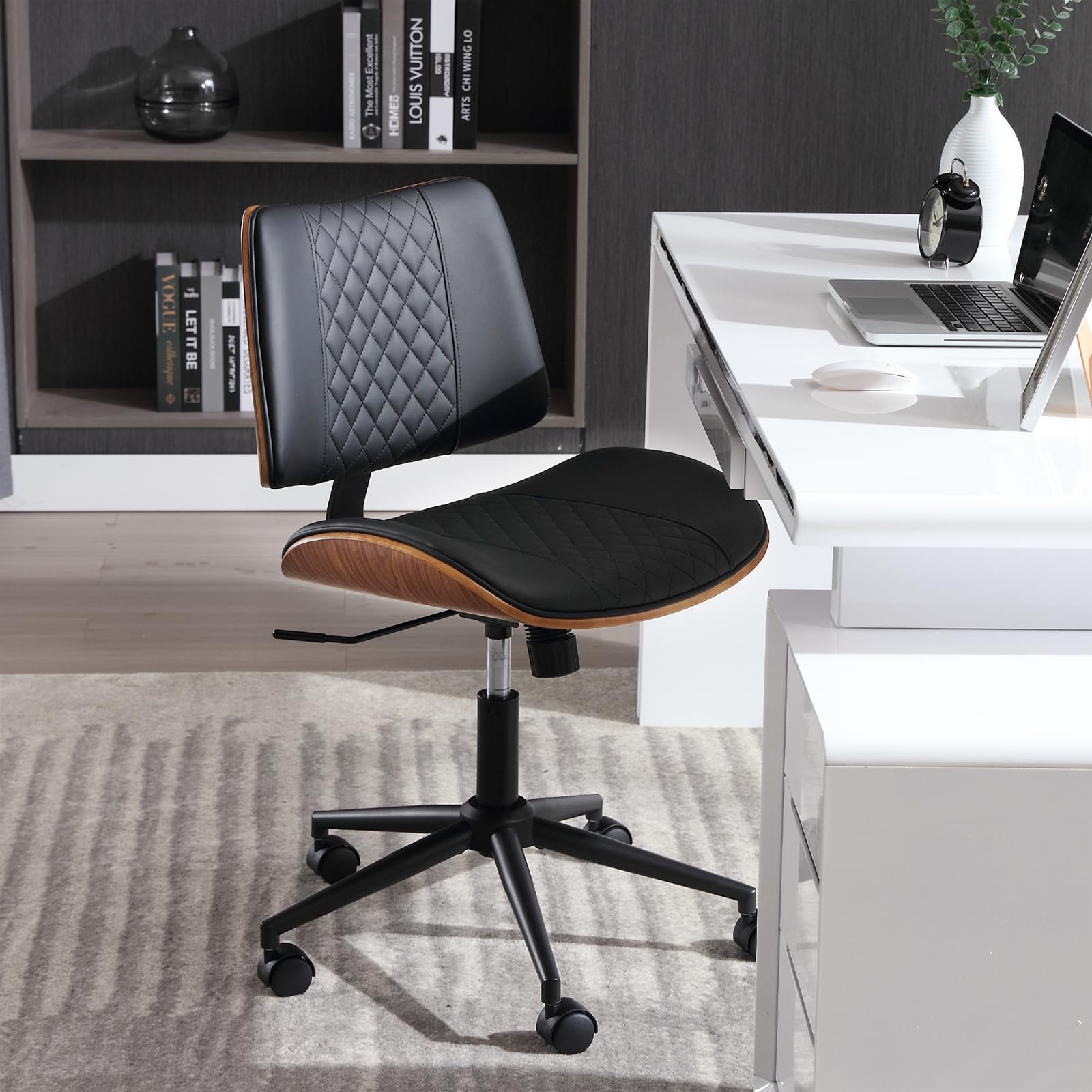 BERYTH Home Office Chair No Arms with Wheels, Adjustable Height Small Desk Chair, PU Leather Mid Back 360 Swivel Computer Chair, Armless Modern Walnut Chair for Office, Reading Meeting Room(Black)