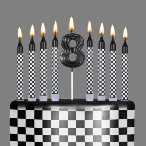 mtlee 13 pcs race car birthday candles race car cupcake candle 1 to 9 number candle black and white checkered for boy kids racing cars birthday decoration baby shower supplies(number 8)