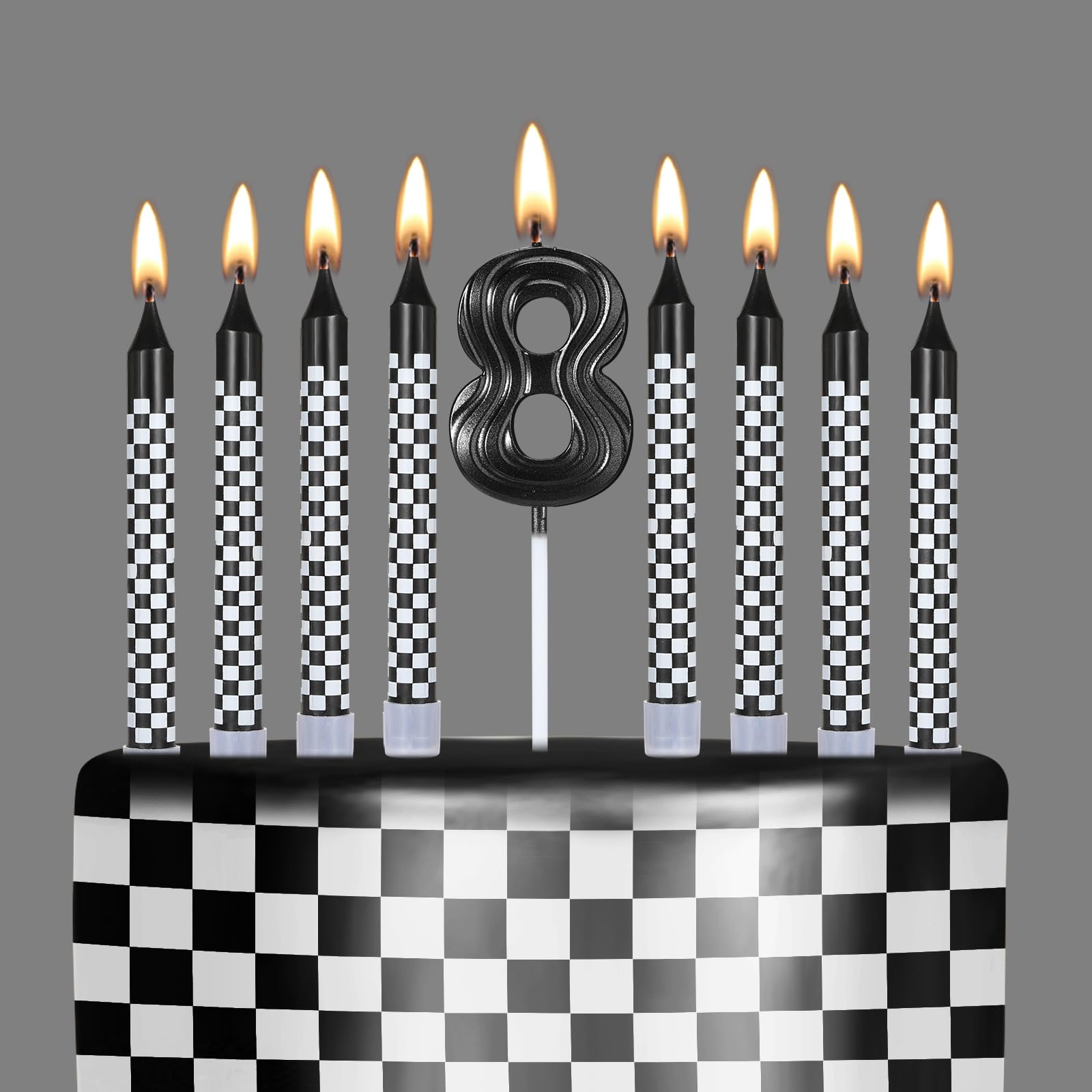 MTLEE 13 Pcs Race Car Birthday Candles Race Car Cupcake Candle 1 to 9 Number Candle Black and White Checkered for Boy Kids Racing Cars Birthday Decoration Baby Shower Supplies(Number 8)