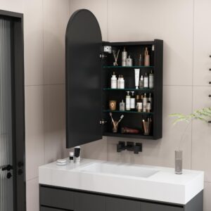 Black Arched Medicine Cabinet with Mirror, Bathroom Medicine Cabinet Organizer, Mirrored Medicine Cabinet Surface Wall Mount, Bath Vanity Mirror with Storage, 3 Adjustable Shelves, 16x31 Inch