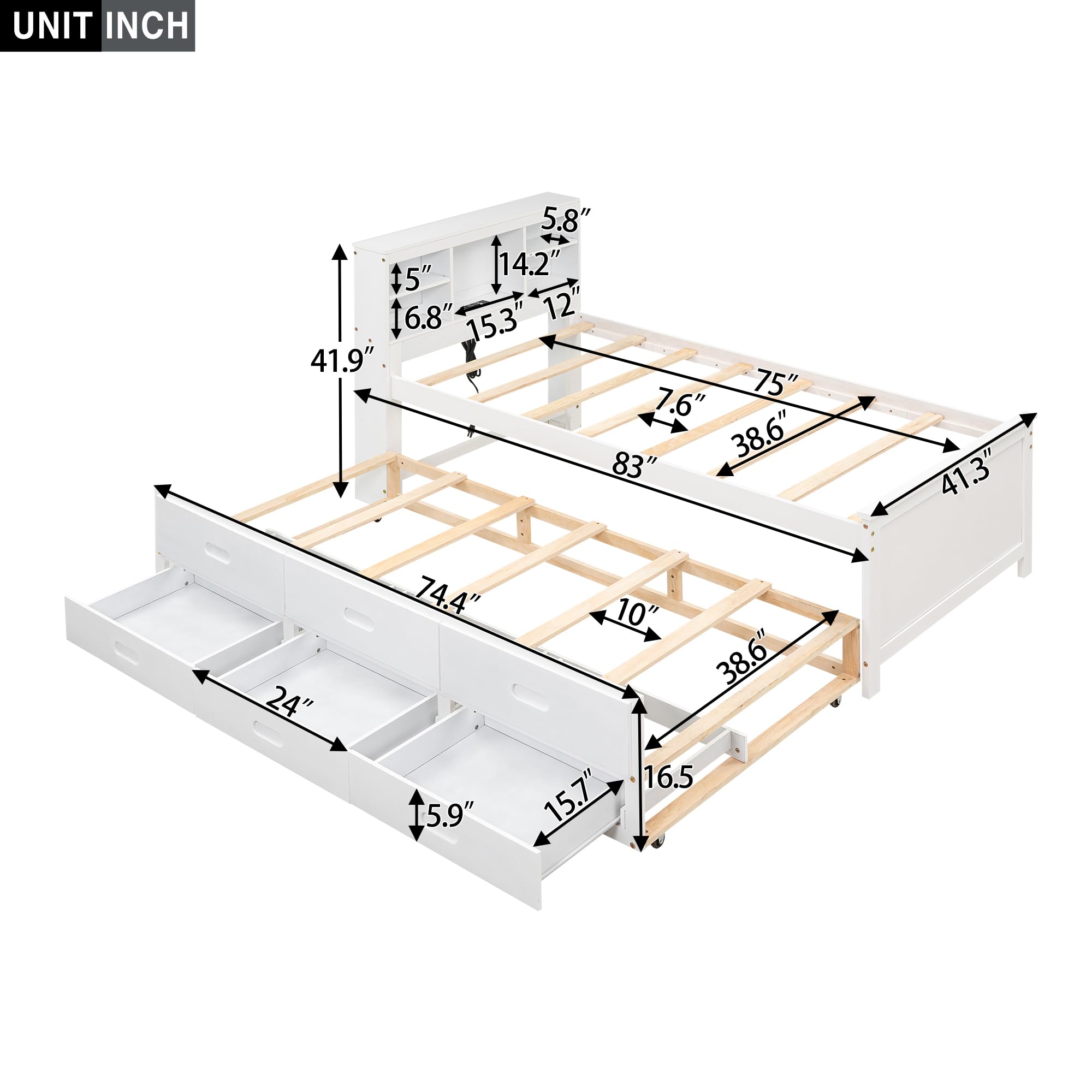 Twin Bed Frame with Bookcase Headboard and Charging Station, Wood Captain Bed with Trundle and Storage Drawers for Kids Boys Girls, Noise Free, No Box Spring Needed, White