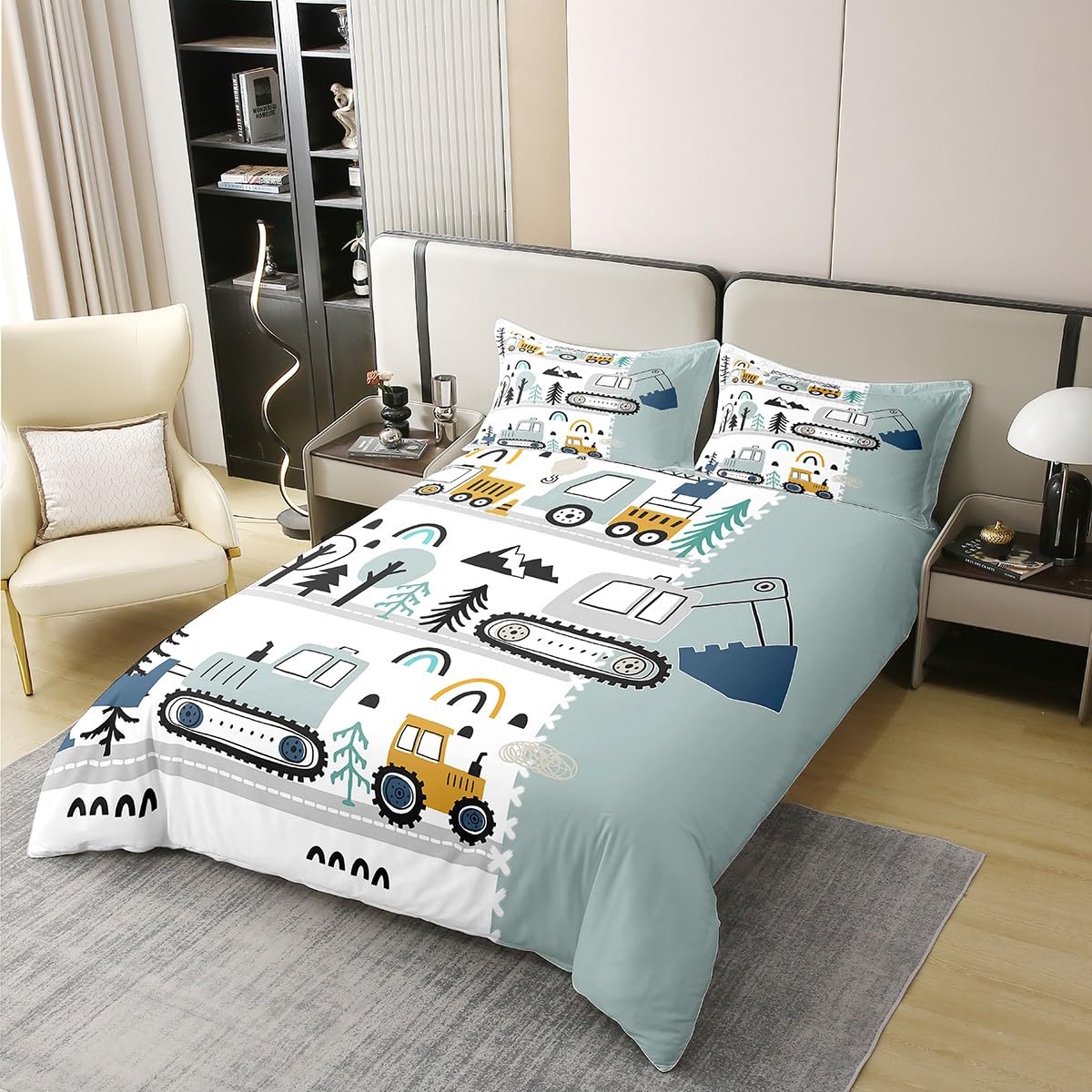 Erosebridal Pure Cotton Construction Comforter Duvet Cover,Cartoon Excavator Vehicle Bedding Queen,Reversible Tractor Bedding Toddler Bedding Boys Comfy Cozy Room Decor,Teal