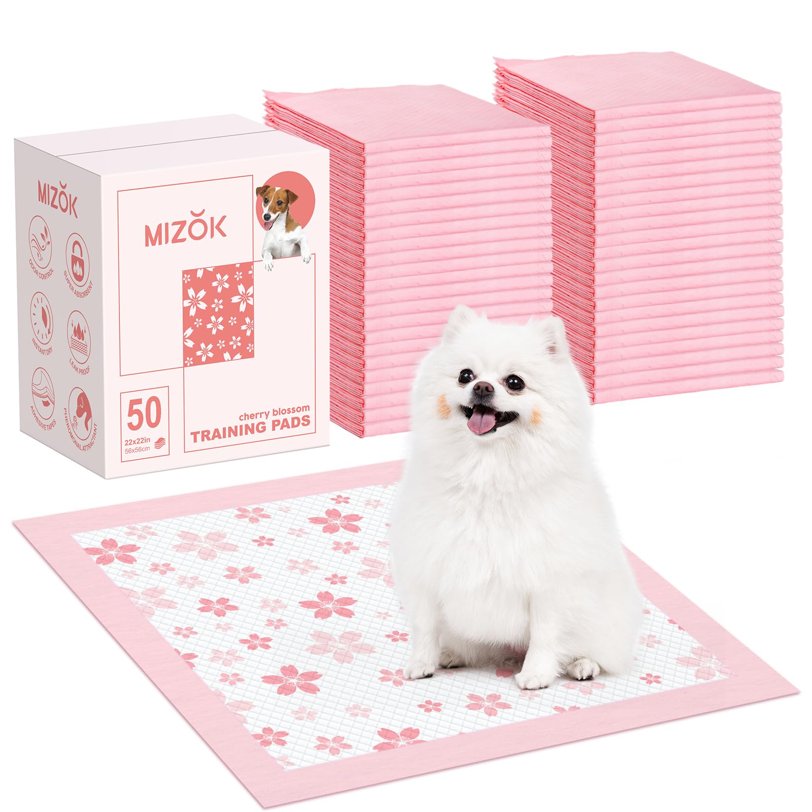 MIZOK Puppy Pads 22"x 22" with Leak-Proof Quick-Dry Design Pee Pads for Dogs Potty Training, 6-Layer Standard Absorbency Dog Pee Pads Regular Size, Pink Cherry Blossom Pattern (50 Counts)