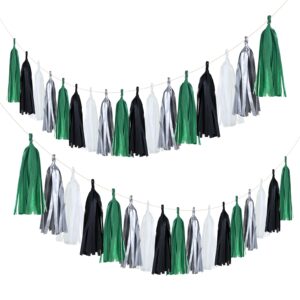 Guzon 20 Pack of Black Green Silver Party Decorations Tassel Garland Banner White Tissue Paper Tassels for Soccer Party Supplies Graduation Backdrop Men Boys Birthday Jungle Theme Banner