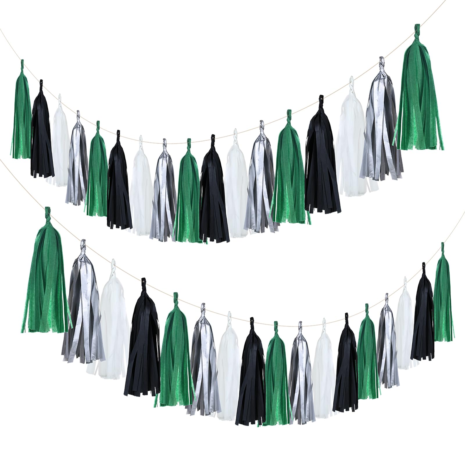 Guzon 20 Pack of Black Green Silver Party Decorations Tassel Garland Banner White Tissue Paper Tassels for Soccer Party Supplies Graduation Backdrop Men Boys Birthday Jungle Theme Banner