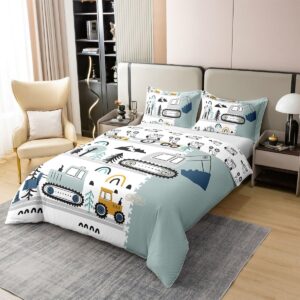 Erosebridal Pure Cotton Construction Comforter Duvet Cover,Cartoon Excavator Vehicle Bedding Queen,Reversible Tractor Bedding Toddler Bedding Boys Comfy Cozy Room Decor,Teal