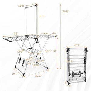 Tangkula 2-Layer Stainless Steel Drying Rack, Foldable Laundry Drying Rack w/ 1 Hanging Bar & 2 Height-Adjustable Wings, 23 Drying Rails, Netting Drying Rack, No Assembly Required