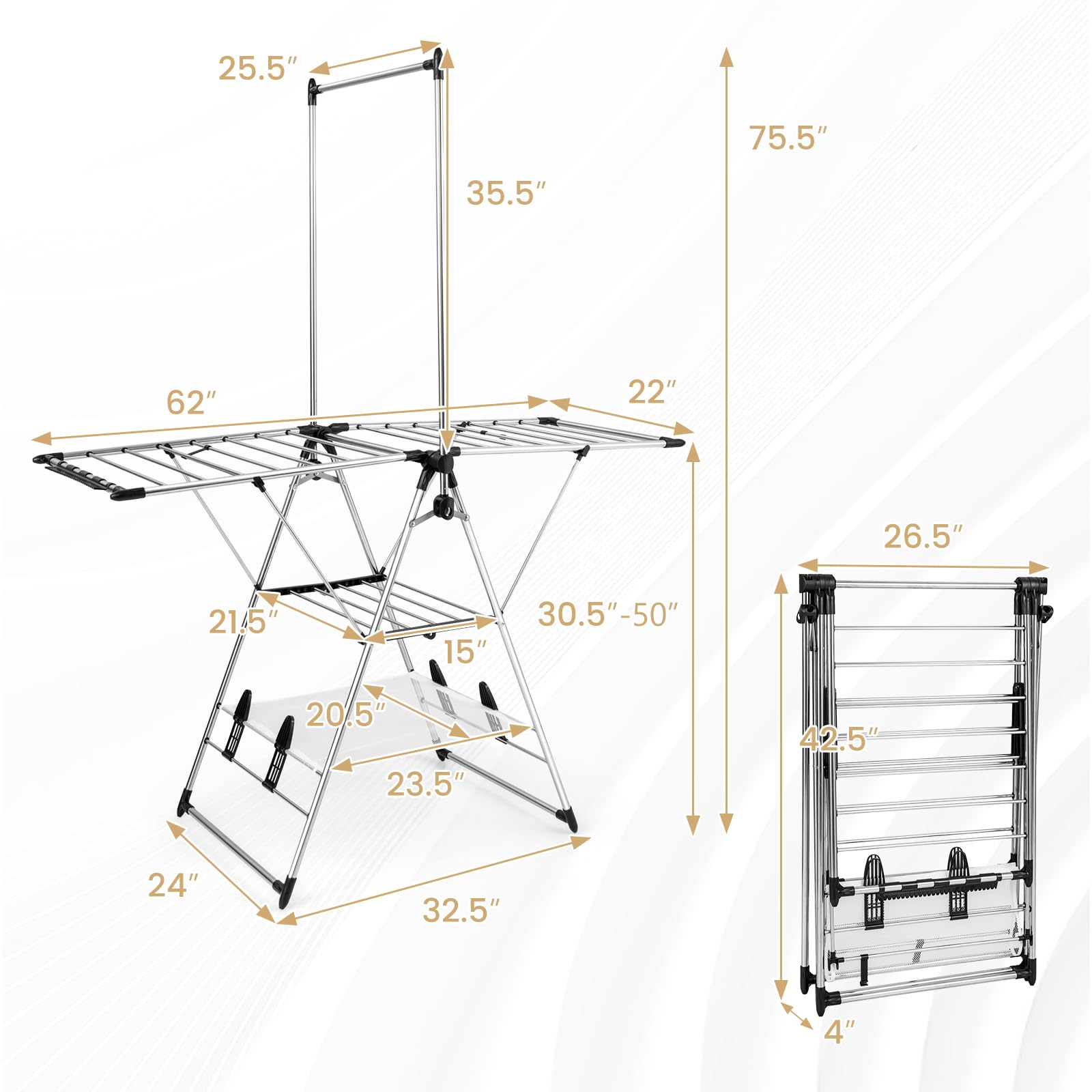 Tangkula 2-Layer Stainless Steel Drying Rack, Foldable Laundry Drying Rack w/ 1 Hanging Bar & 2 Height-Adjustable Wings, 23 Drying Rails, Netting Drying Rack, No Assembly Required