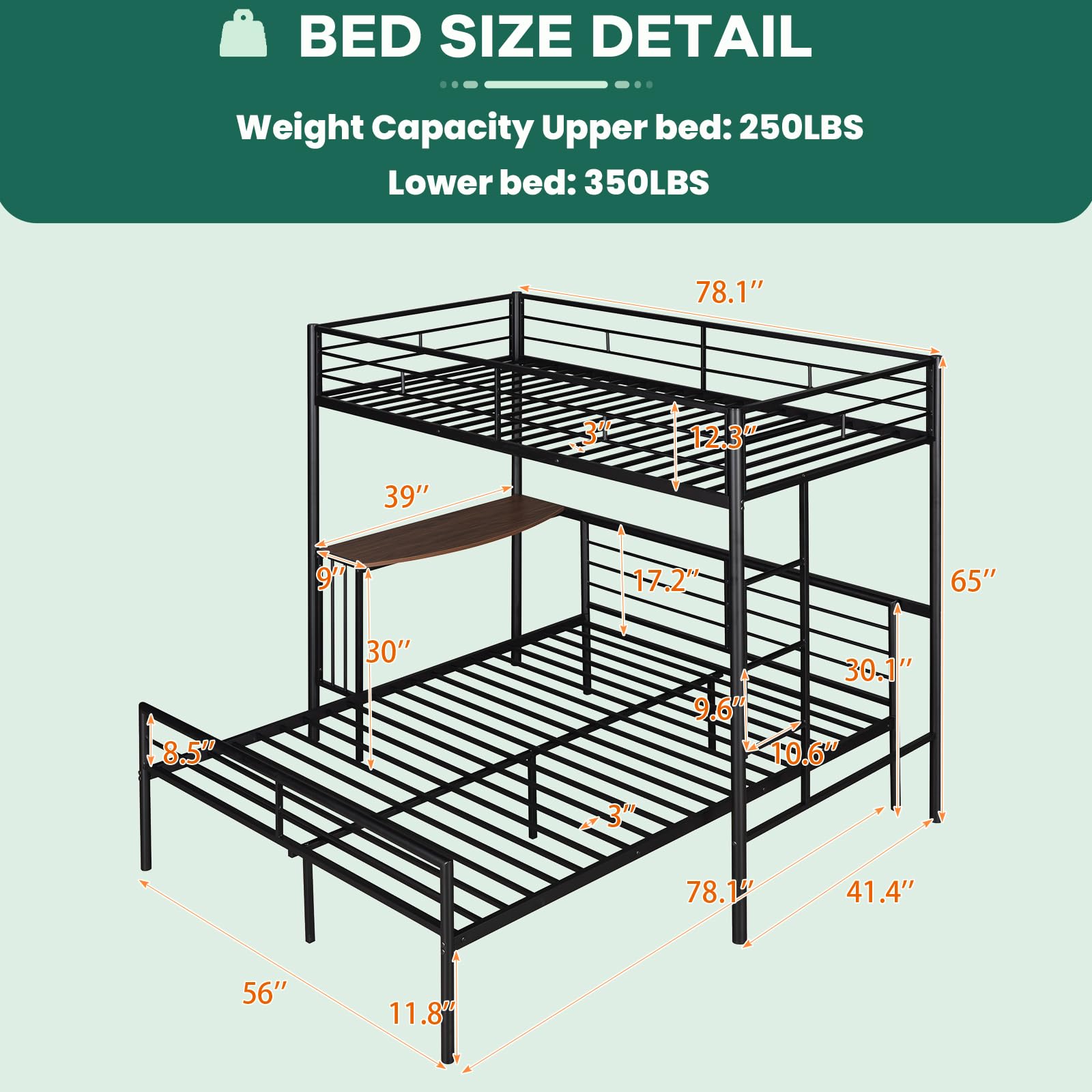 Metal Twin Over Full Bunk Bed Frame with Desk, Loft Platform Mattress Foundation with Steel Slat Support Storage Space