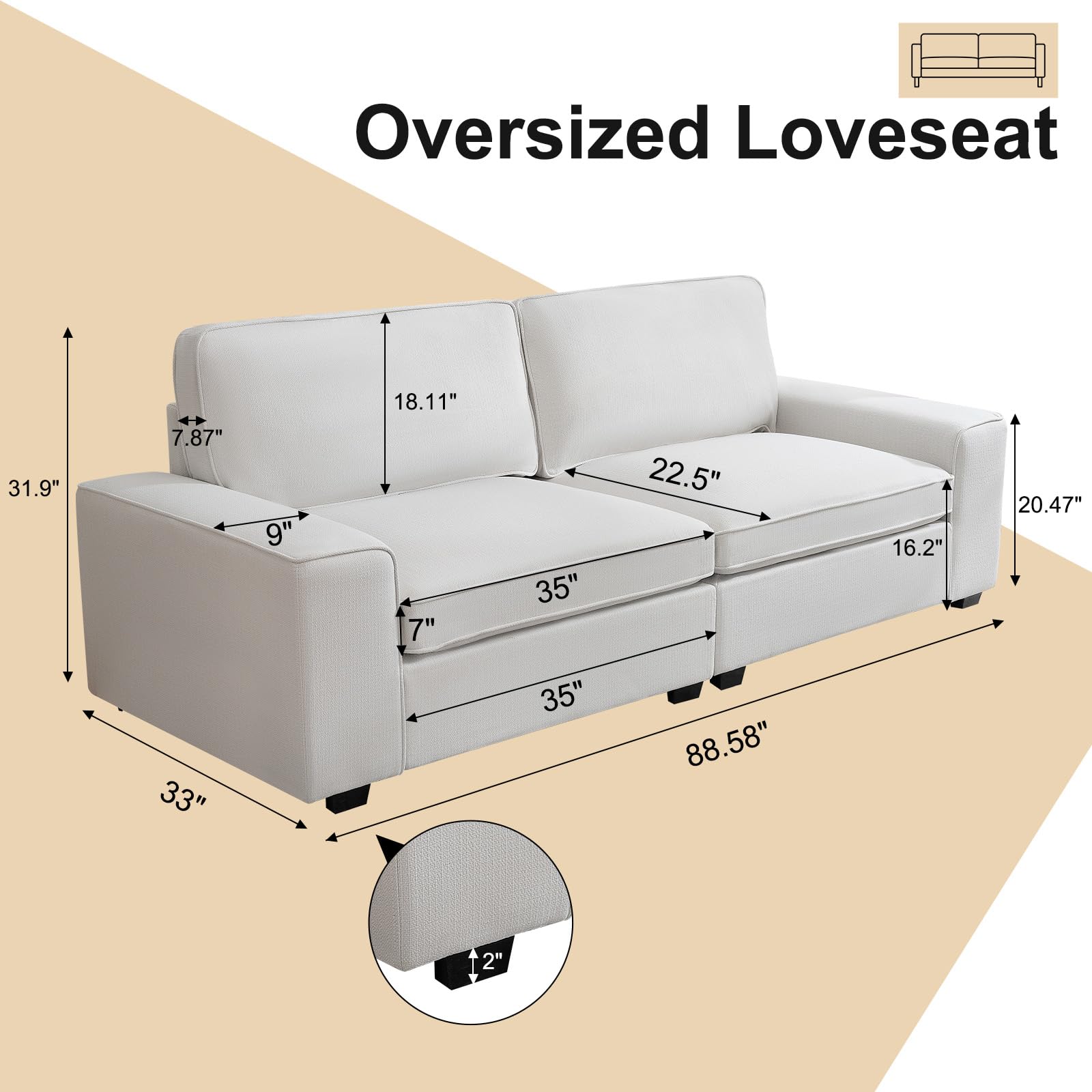 HOMERILLA 88.58" Modern Sofas for Living Room Linen Breathable Loveseat Sofas & Couches with Square Wide Armrest and Removable Sofa Cushion Off-White