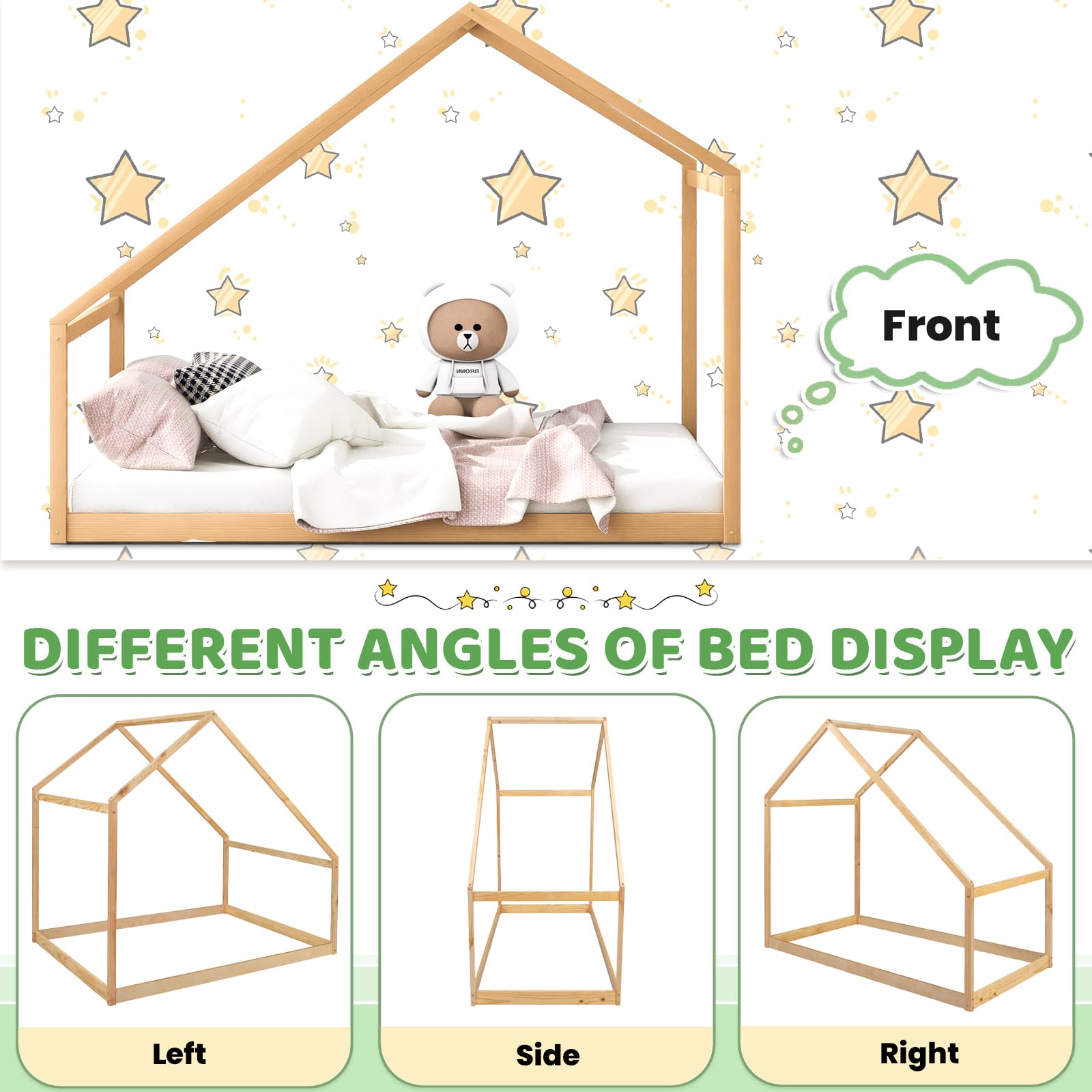 Merax Twin Bed Frames with Roof for Kids Girls Boys, Montessori Wooden House Shaped, Sturdy Framework, Easy Assembly, No Noise