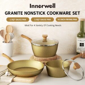 Innerwell Nonstick Frying Pan Set,Non Stick Sauce Pan Set with Lid Gold Granite Pans,1.5QT+2.5QT Saucepan 9.5 Inch Frying Pan Induction Cookware Set,PFOA Free