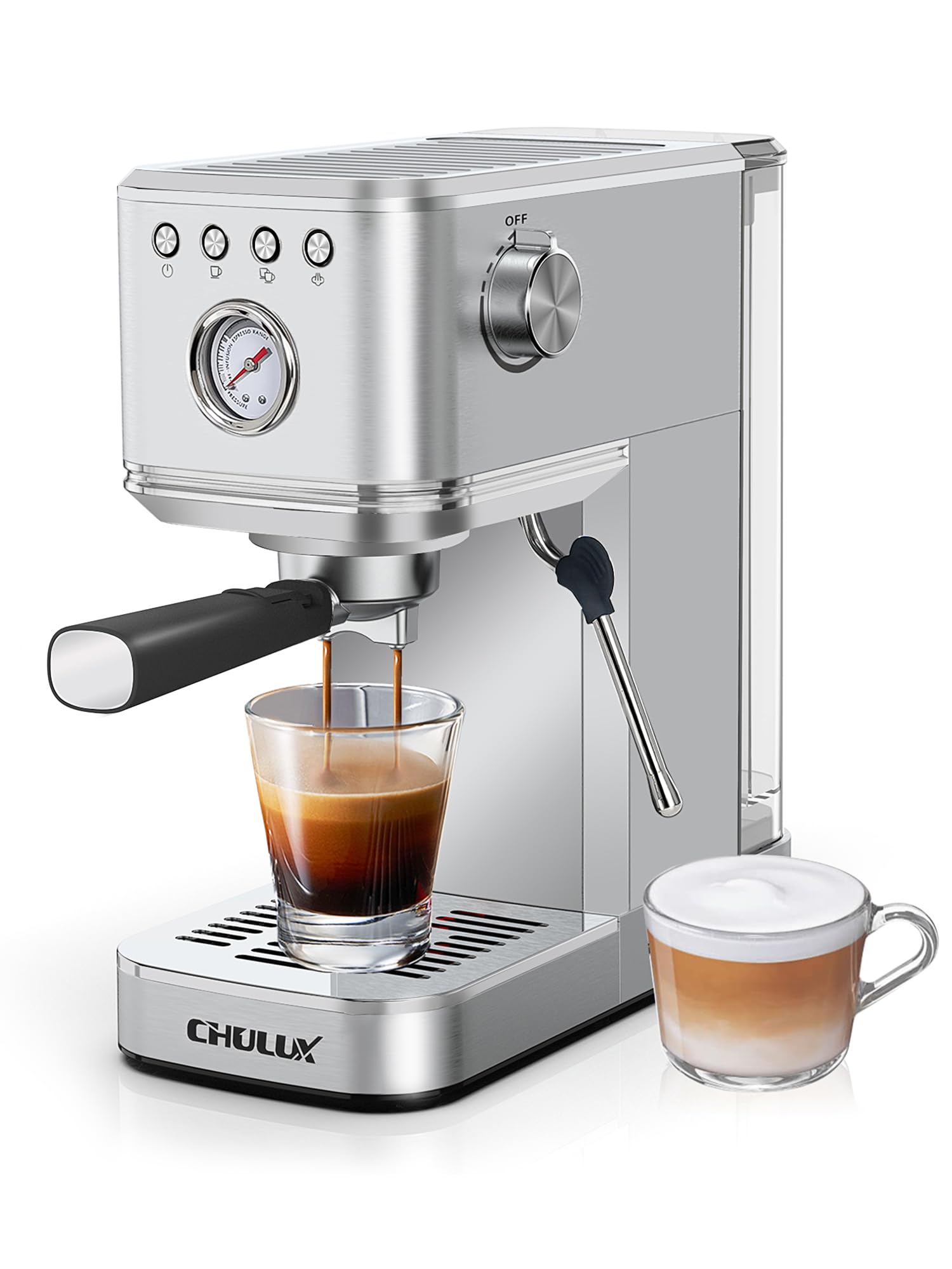 CHULUX Kompatto Espresso Machine 20 Bar with Milk Frother, Stainless Steel Automatic Espresso Coffee Machine for Home Latte & Cappuccino Maker, 40oz Removable Water Tank, 1350W