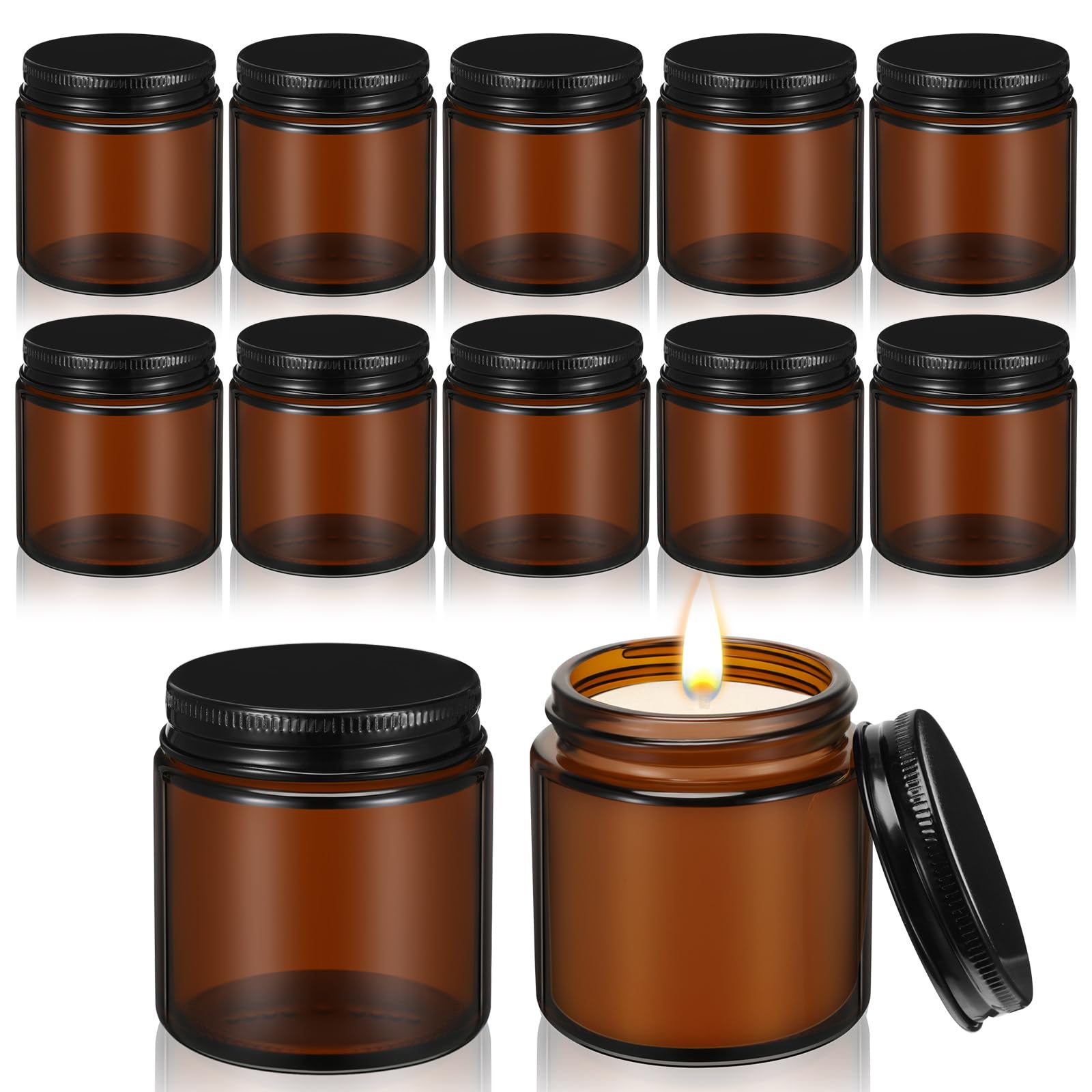 Zhehao 12 Pcs 4 Oz Glass Candle Jars with Lids Amber Round Candle Container Tins Canning Jars Mason Jar Candle Holder Containers Bottles for Valentine Making Candles DIY, Dishwasher Safe, Black Lids