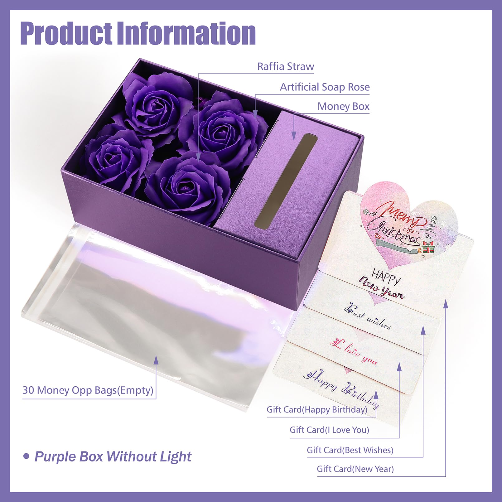 Money Box for Cash Gift Pull, Money Gift Boxes for Cash on Birthday, Christmas, Graduation, Mother's Day, for Husband, Wife, Girlfriend, Mother With Soap Rose Flower and Greeting Cards - Purple