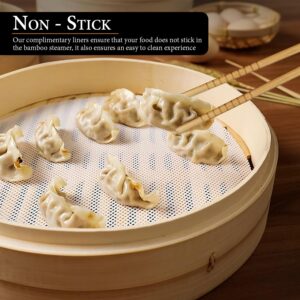 TASTECRAFTS Bamboo Steamer Basket 10-Inch, 2-Tier Design with Complimentary Chopsticks, Steamer Liners and Ceramic Dish for Sauce, Dumpling Steamer, Vegetable Steamer, Rice Steamer.