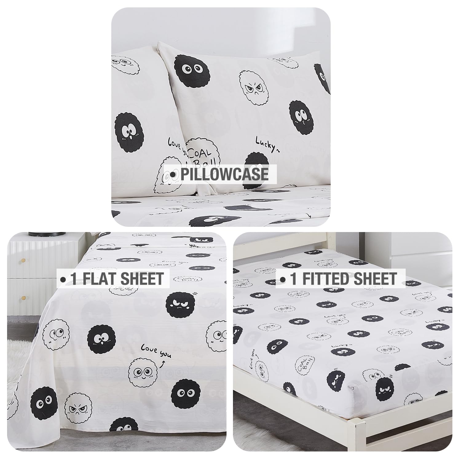 8HMOON Small Coal Ball Sheet Set Twin Size - 3 Piece Set，Cute Character Printed Soft Microfiber Bed Sheets for Girls and Boy Deep Pocket