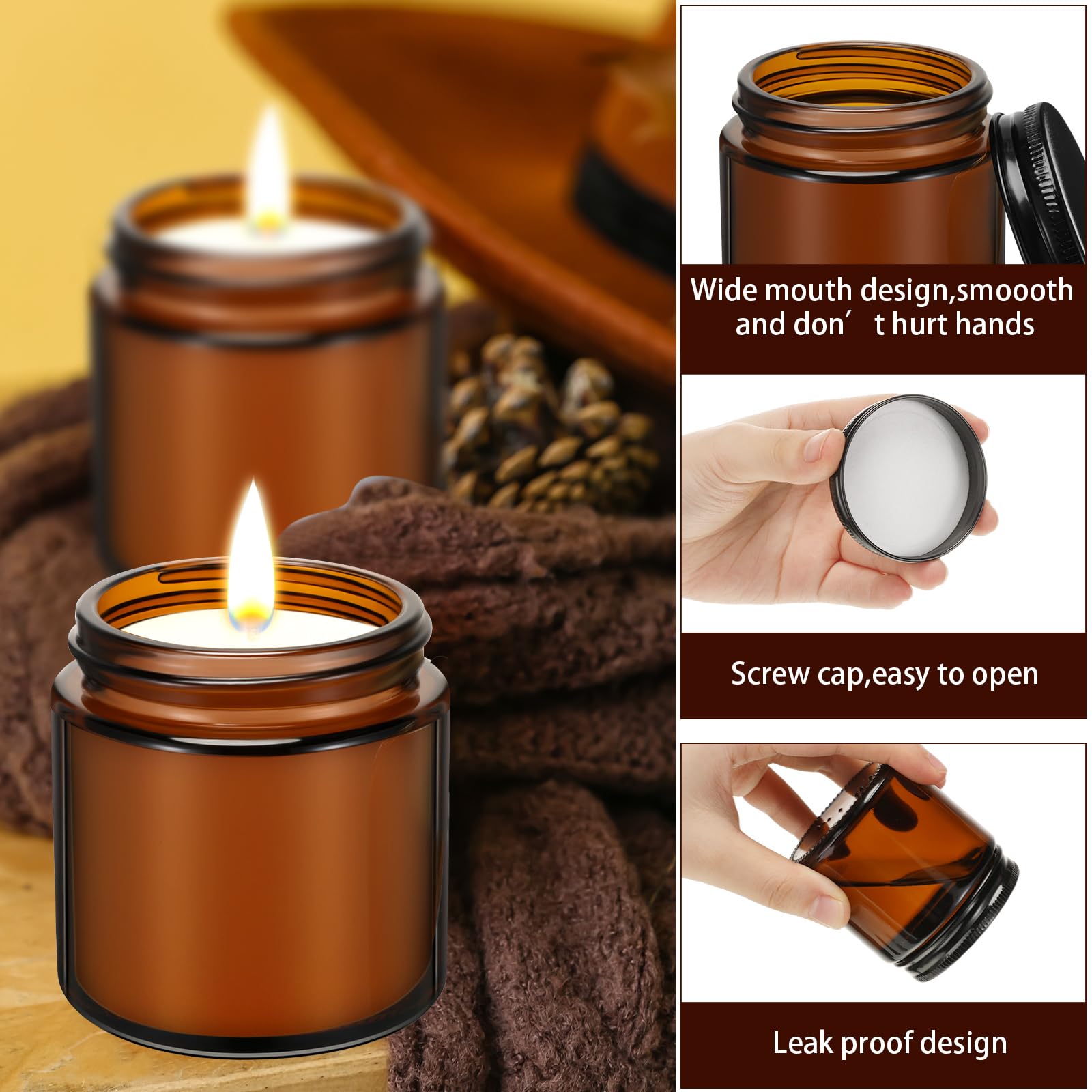 Zhehao 12 Pcs 4 Oz Glass Candle Jars with Lids Amber Round Candle Container Tins Canning Jars Mason Jar Candle Holder Containers Bottles for Valentine Making Candles DIY, Dishwasher Safe, Black Lids